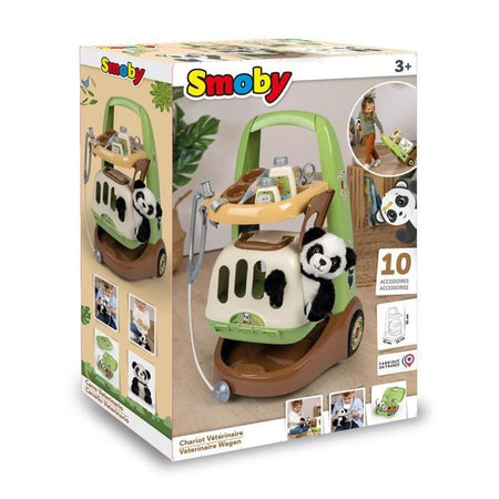 Smoby - Carrello Veterinario Zoo - Peluche Panda - Tanti Accessori Inclusi - Prodotto 2 in 1: Gabbia da Trasporto - Produzione