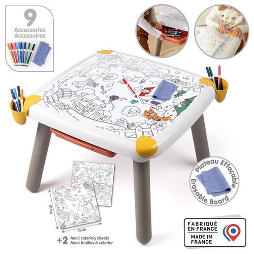 Smoby - Tavolo creativo per bambini - Feltro cancellabile per il tavolo + 2 fogli grandi da colorare - 3 vani portaoggetti - Dai 3 anni in su