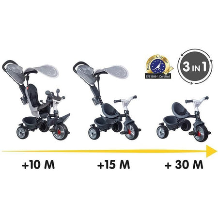 Smoby - Triciclo Baby Driver Plus Grigio - Bici Evolutiva Per Bambini Da 10 Mesi - Ruote Silenziose - Freno di Stazionamento