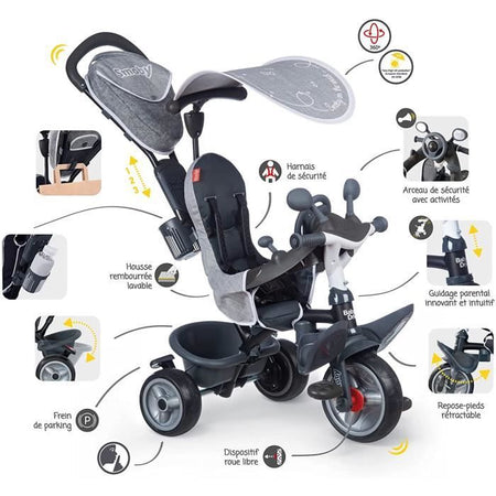 Smoby - Triciclo Baby Driver Plus Grigio - Bici Evolutiva Per Bambini Da 10 Mesi - Ruote Silenziose - Freno di Stazionamento