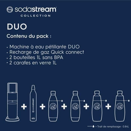 SODASTREAM DUOBICB - Macchina DUO bianca Confezione 4 bottiglie (2 decanter DUO + 2 Fusibile LV) + 1 bombola di scambio CQC