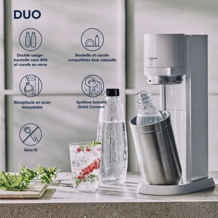 SODASTREAM DUOBICB - Macchina DUO bianca Confezione 4 bottiglie (2 decanter DUO + 2 Fusibile LV) + 1 bombola di scambio CQC