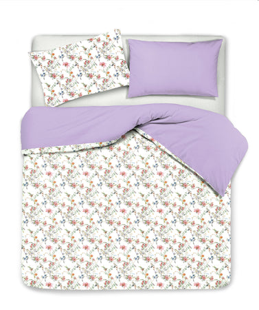 Set Copripiumino federe bifaccia Doubleface parure Copripiumino Stampa Digitale 100% Cotone Made in Italy SOTTOBOSCO/LILLA