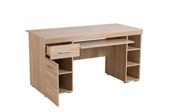 Scrivania "Jerez Sonoma" con anta e cassettiera, color rovere, struttura in truciolare rivestito, 145 x 65.5 x 75,5 cm