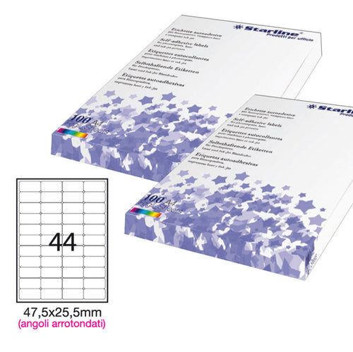 Etichetta Adesiva Bianca 100Fg A4 47,5X25,5Mm (44Et/Fg Angoli Tondi Starline