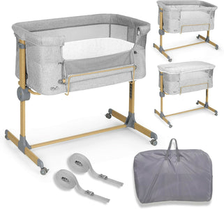 MS Sleepy - Culla Neonato Fianco Letto, Compatibile Con Diversi Letti, Altezza Regolabile, Inclinabile, Buona Circolazione Dell'Aria, Materasso E Borsa Inclusi, Zanzariera di serie inclusa, lacci inclusi, colore GRIGIO con effetto legno