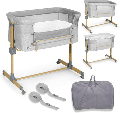 MS Sleepy - Culla Neonato Fianco Letto, Compatibile Con Diversi Letti, Altezza Regolabile, Inclinabile, Buona Circolazione Dell'Aria, Materasso E Borsa Inclusi, Zanzariera di serie inclusa, lacci inclusi, colore GRIGIO con effetto legno