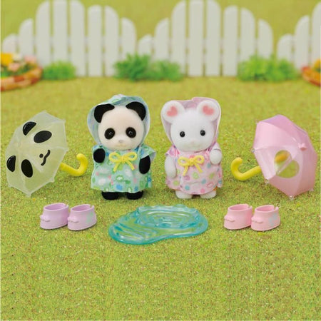 Figure articolate - SYLVANIAN FAMILIES - Baby Duo in tuta antipioggia - Panda e topo Marshmallow