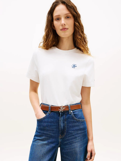 Tommy Hilfiger T-shirt donna in cotone stretch bianca con logo ricamato regular fit