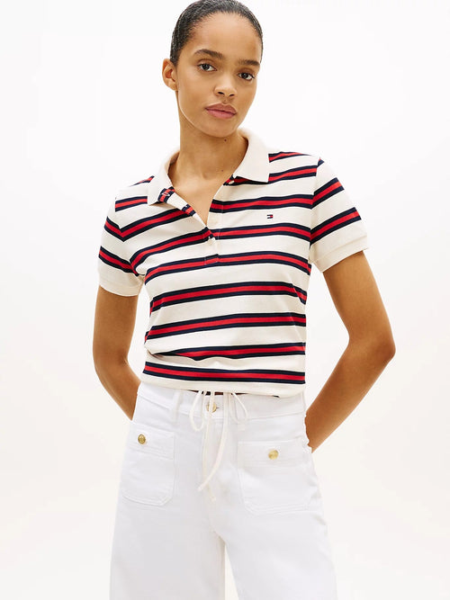 Tommy Hilfiger polo donna a righe in piqué di cotone stretch con laccetti regular fit