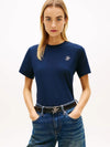Tommy Hilfiger T-shirt donna in cotone stretch blu con logo ricamato regular fit