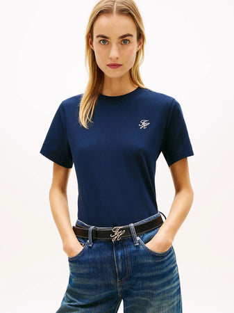 Tommy Hilfiger T-shirt donna in cotone stretch blu con logo ricamato regular fit