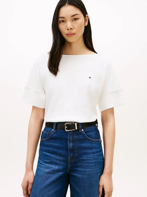 Tommy Hilfiger T-shirt donna in cotone con scollo a barca relaxed fit bianca