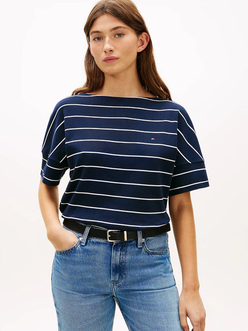 Tommy Hilfiger T-shirt donna a righe in cotone con scollo a barca relaxed fit