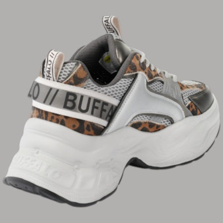Scarpe Buffalo Yuno One Argento Leopardato Platform Vegan 5.1cm