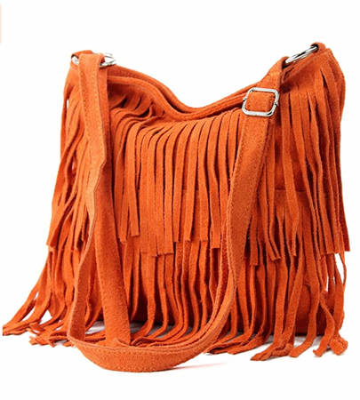 Modarno Borsa a tracolla con frange in camoscio - borsa tracolla donna in pelle scamosciata