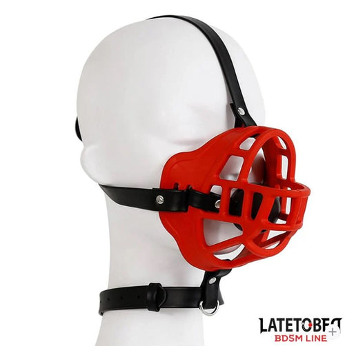 Maschera museruola con gag nero e rosso regolabile per roleplay BDSM bondage