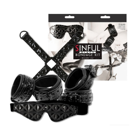 Sinful Black Bondage Kit vinile nero manette cavigliere hogtie maschera set