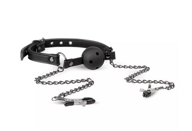 Pinzette per capezzoli con catene al morso bavaglio ball gag nero Easy Toys