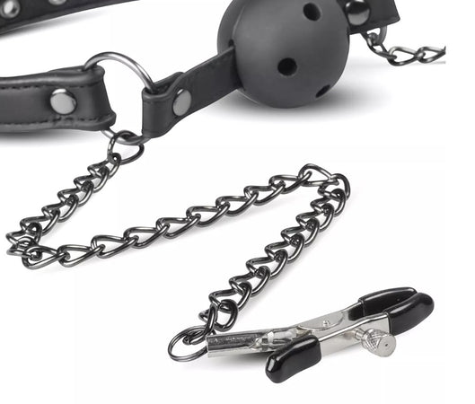 Pinzette per capezzoli con catene al morso bavaglio ball gag nero Easy Toys