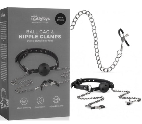 Pinzette per capezzoli con catene al morso bavaglio ball gag nero Easy Toys