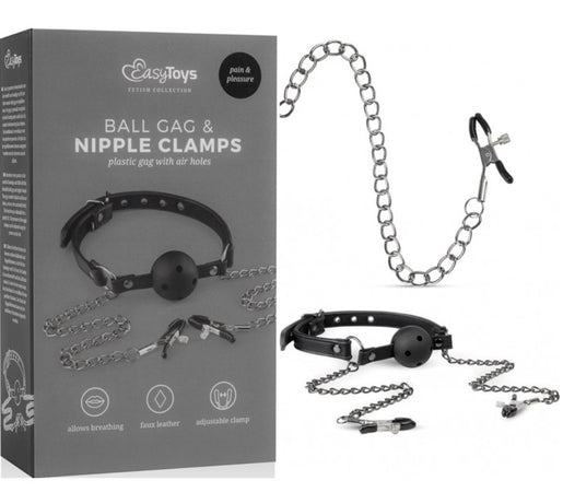 Pinzette per capezzoli con catene al morso bavaglio ball gag nero Easy Toys