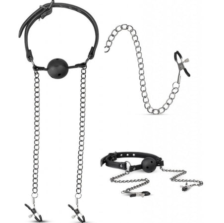 Pinzette per capezzoli con catene al morso bavaglio ball gag nero Easy Toys
