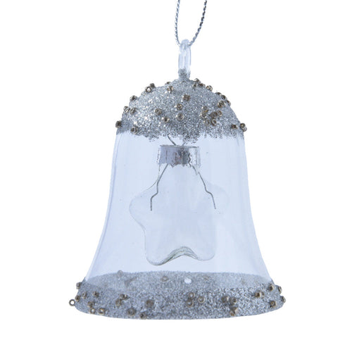 Pendaglio a forma di campana con stella argento per albero di natale h 7,5 cm