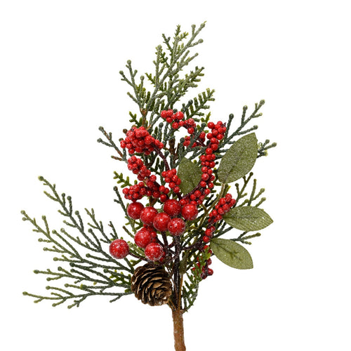 Ramo decorativo color verde e bacche rosse per decorazioni e composizioni di fiori h 26 cm