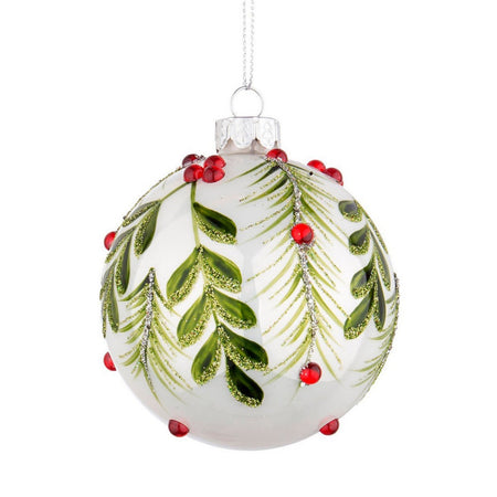 Palline per albero di Natale in vetro Berry Bianco e Verde con pendaglio Tinta Unita