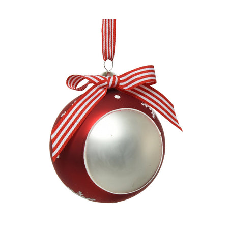 Pallina per albero di Natale in vetro color Rosso e Bianco con fiocco personalizzabile da 10 cm