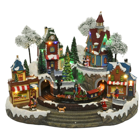 Scena animata a Led con case e albero di natale con luci e movimenti 30 cm