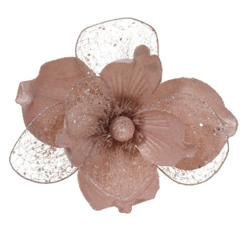 Ramo decorativo Magnolia in velluto rosa blush con clip da 26 cm