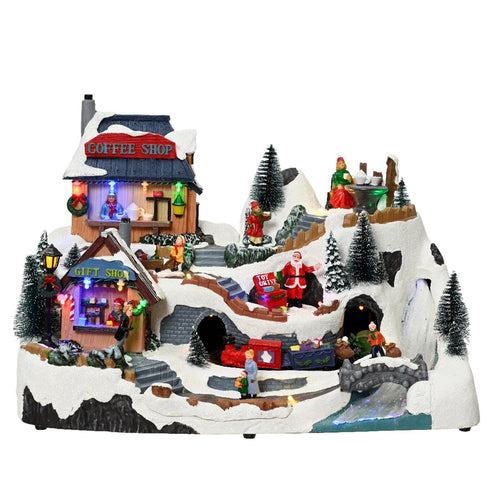 Scena animata a Led con negozi e babbo natale con luci e movimenti 40 cm