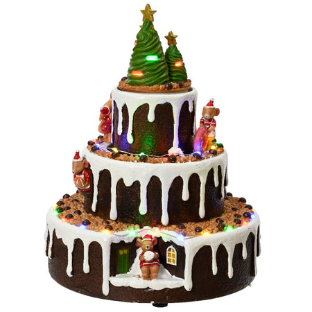 Scena animata a Led  a forma di torta con topolini con luci 24,5 cm