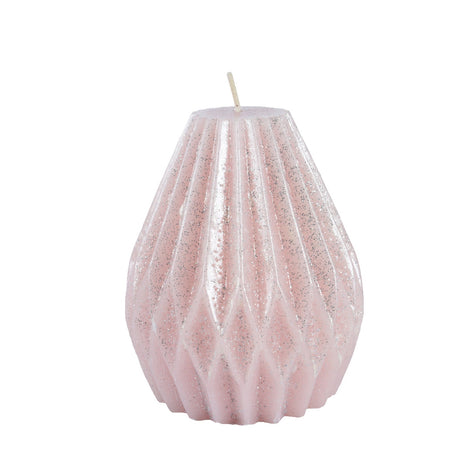 Candela decorativa in cera plissettata con glitter color rosa blush