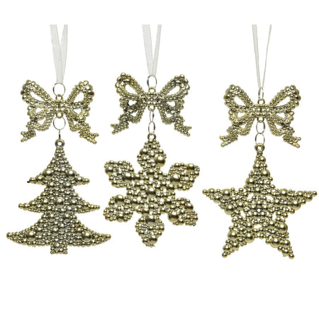 Pendaglio oro con fiocchi di neve, stella e albero di natale decorazione natalizia