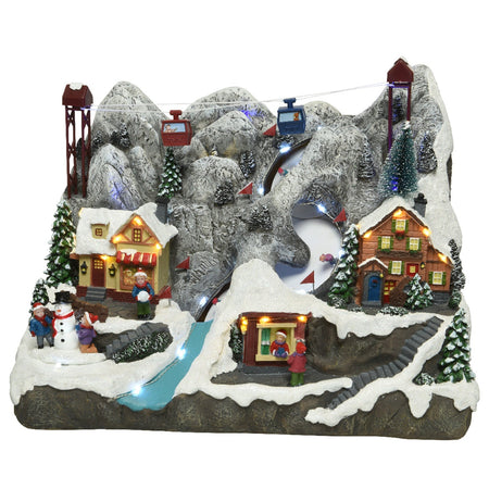 Scena animata a Led Paesaggio Natalizio con cascata e funivia  con luci 28.5 cm