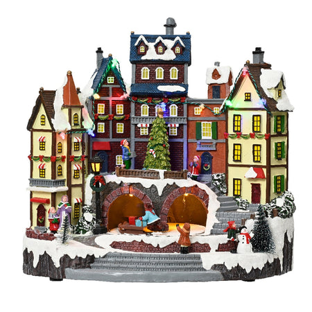 Scena animata a Led con case e albero di natale con luci e movimenti 31 cm