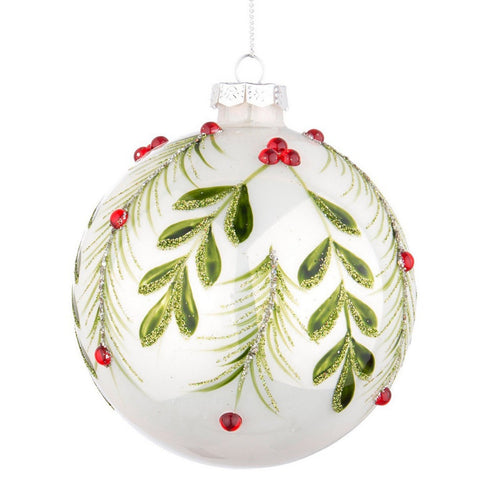 Palline per albero di Natale in vetro Berry Bianco e Verde con pendaglio Tinta Unita