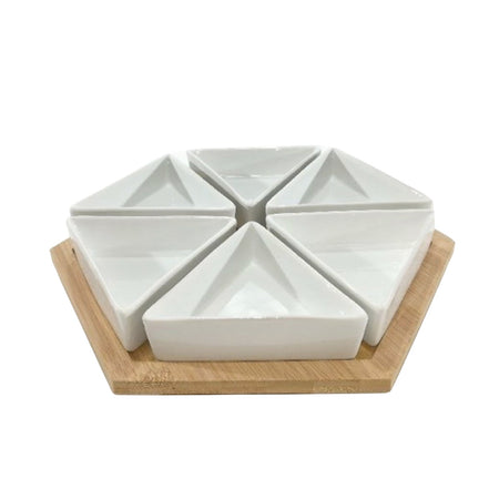 Antipastiera in set da 6 pezzi a spicchi in porcellana con base in bamboo