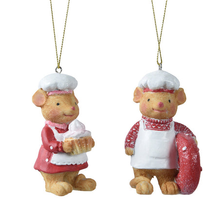 Pendaglio topolini vestiti da cuochi decorazione natalizia h 11 cm