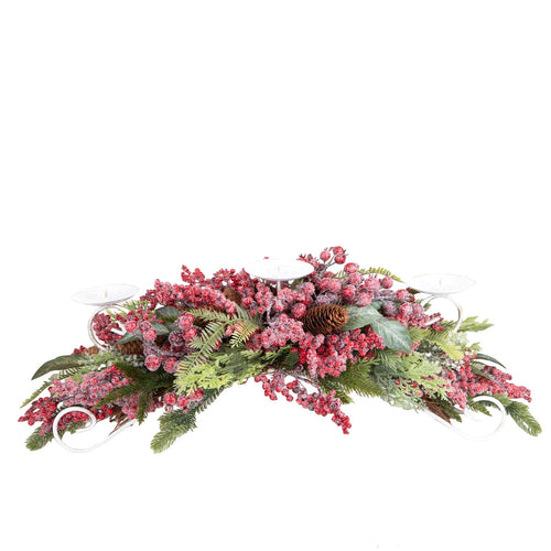 Portacandela decorativo con bacche e pigne innevate per decorazioni natalizie 72 cm