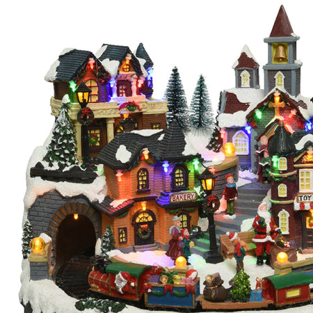 Scena animata a Led Paesaggio Natalizio con cascata e funivia  con luci 28.5 cm