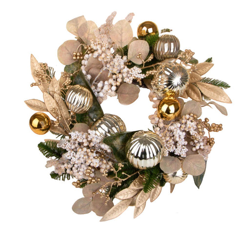 Ghirlanda retro porta natalizia decorato con bacche e sfere oro e pigne Ø 36 cm