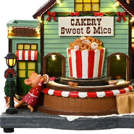 Scena animata a Led  pasticceria con topolini con luci 24,5 cm
