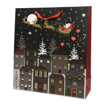Sacchetto per confezioni regalo natalizie decorato con case e palazzi, manici rossi