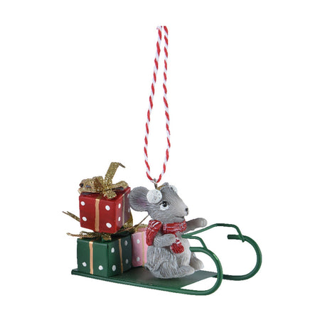 Pendaglio topolini con slitta con pacchi regalo  decorazione natalizia