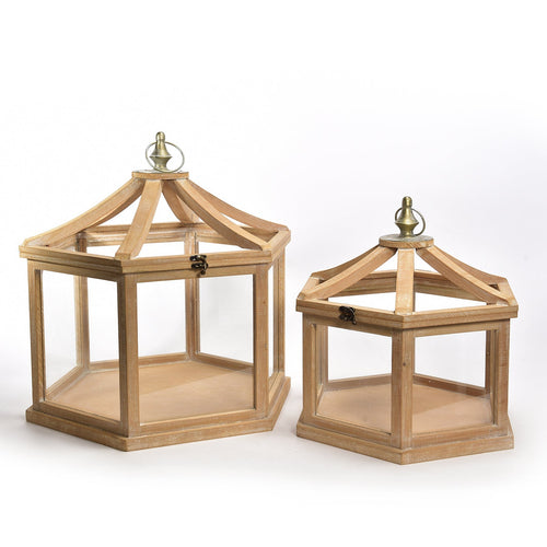 Set 2 Lanterna esagonale anticata in legno e metallo decorativa da esterno