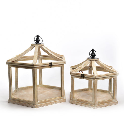 Set 2 Lanterna esagonale anticata in legno e metallo decorativa da esterno